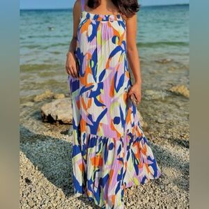 NWT Japna Floral Tiered Ruffle Sleeveless Maxi Dress M vacation Resortwear